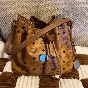 MCM Cognac Visetos Drawstring Bucket Bag